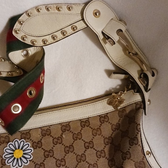 Gucci Tote Bag STUDDED Shoulder Bag RED Green Strap IVORY LEATHER added patch - Picture 11 of 16